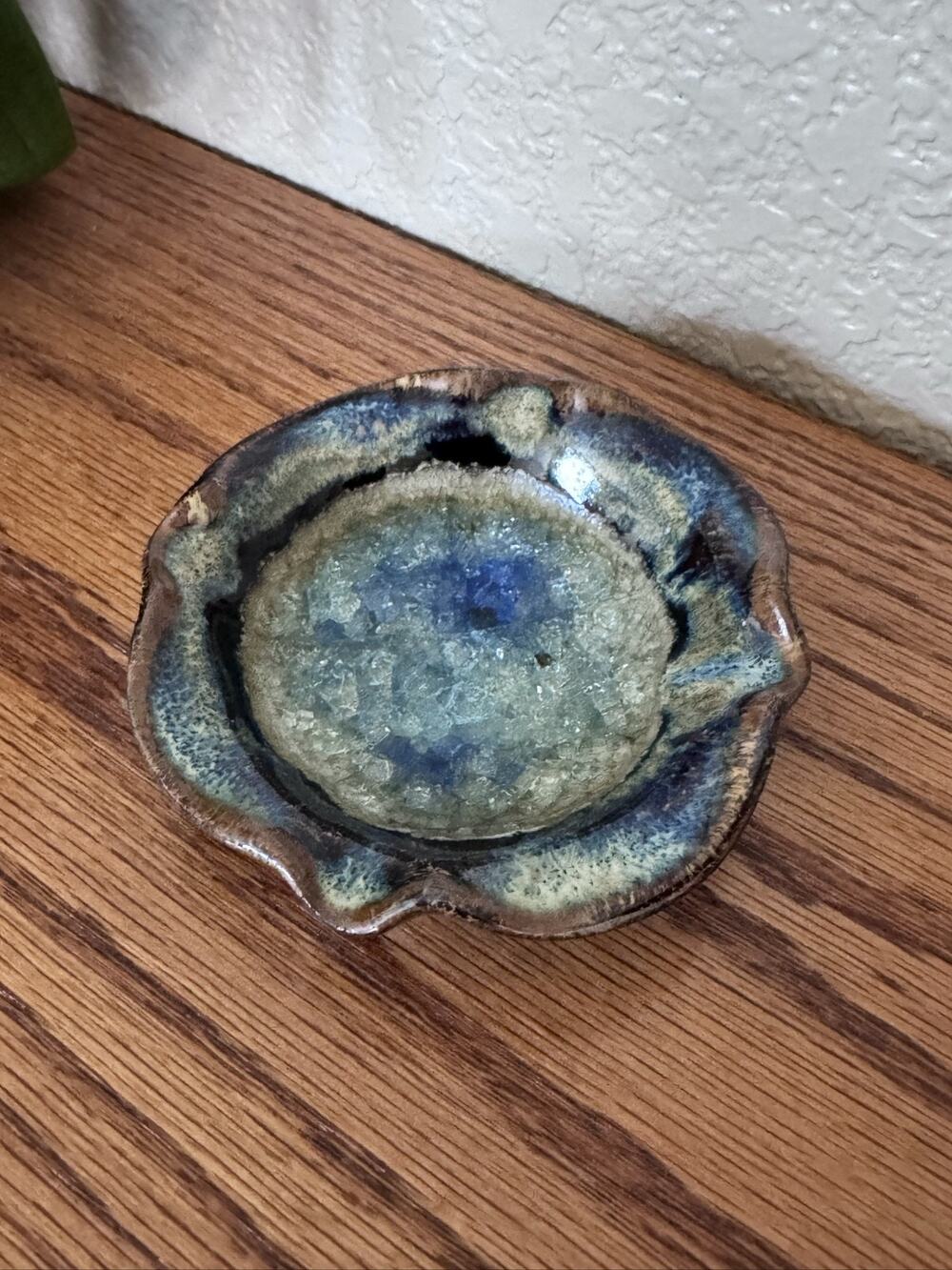 Wavy Edge Glazed w/Melted Crackled Glass Candle Trinket Dish